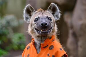A hyena wearing an orange shirt and smiling photo