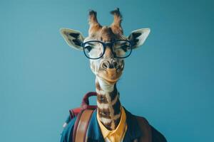 A giraffe wearing glasses and a backpack photo