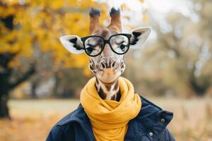 A giraffe wearing glasses and a scarf photo