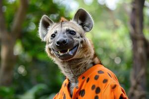 A hyena wearing an orange shirt and smiling photo