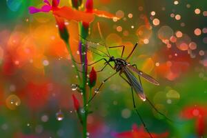 A mosquito on a flower with rain drops photo