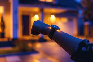 A person holding a wrist watch with a light on it photo