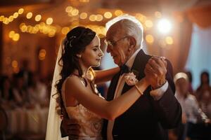 A bride and groom dancing at their wedding reception photo