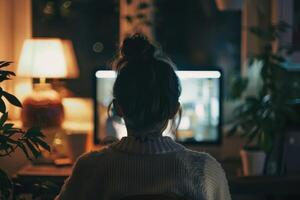 A woman sitting at a desk in front of a computer photo