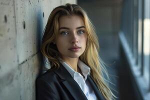 A woman in a business suit leaning against a wall photo
