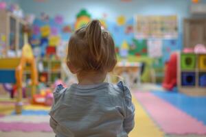 A little girl sitting in a classroom looking at a toy photo