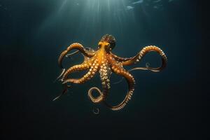An octopus swimming in the ocean with sunlight photo