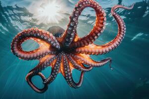 An octopus swimming in the ocean with sunlight shining photo
