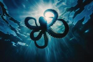An octopus swimming in the ocean with sunlight shining photo