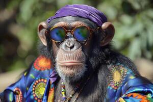 A monkey wearing sunglasses and a colorful shirt photo