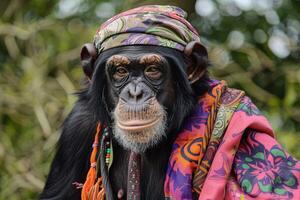 A chimpanzee wearing a colorful scarf photo