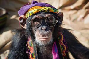 A chimpanzee wearing a colorful scarf and sunglasses photo