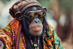 A monkey wearing sunglasses and a colorful scarf photo