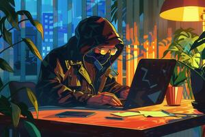 A man in a hoodie is working on his laptop photo
