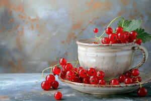 Red currant in a cup and saucer on a rustic background photo