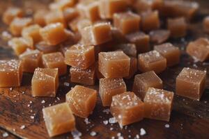 Candy cubes on a wooden table with salt photo