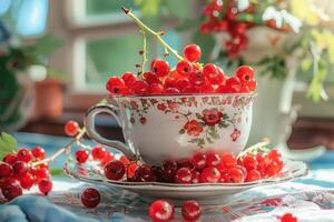 Red currants in a tea cup on a table photo