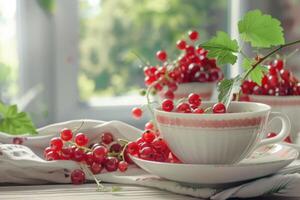 Cup of red currant tea on a table with a leafy branch photo