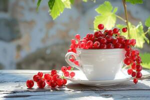 A cup of red currants sitting on a table photo