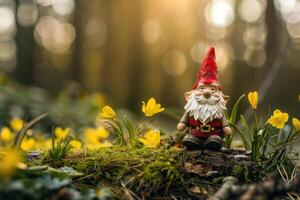 A gnome sits in the middle of a forest photo