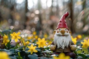 A gnome is sitting in the grass surrounded by yellow flowers photo