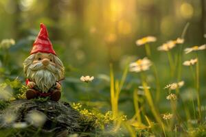 A gnome sits on a stump in the woods photo