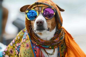 A dog wearing sunglasses and a colorful scarf photo