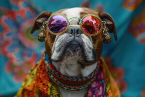A dog wearing sunglasses and a colorful scarf photo