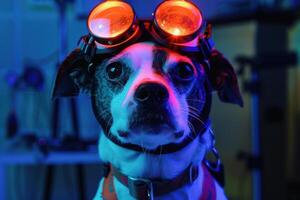 A dog wearing goggles and a lab coat photo