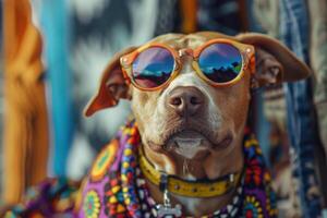 A dog wearing colorful sunglasses and a colorful scarf photo