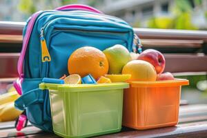 A blue backpack with a lunch box on a bench photo
