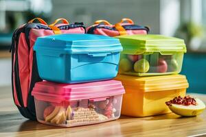 Three lunch boxes with fruit and vegetables on a table photo