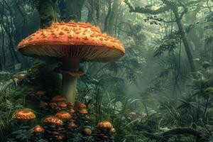 A mushroom is sitting on top of a tree in the middle of a forest photo