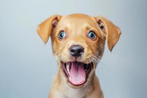 A cute puppy with its mouth open and its tongue out photo