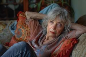 An older woman sitting on a couch with her head resting on her hand photo