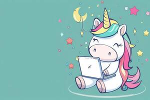 A cartoon unicorn is sitting on a laptop photo