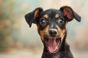 A cute black and tan dog with its mouth open photo