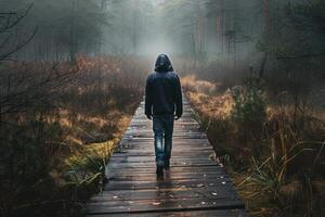 A man in a hoodie walking on a wooden bridge in the fog photo