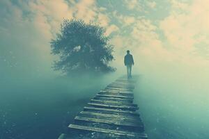 A man walking on a wooden bridge over a body of water photo