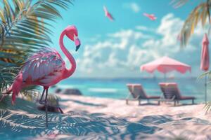 A pink flamingo stands on the beach next to a beach chair photo