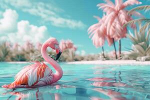 Flamingo in the water with palm trees photo
