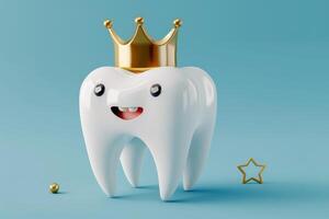 Tooth with crown and gold star on blue background photo