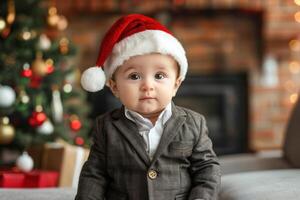 A baby in a suit and santa hat photo