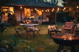 A backyard with a grill and candles photo