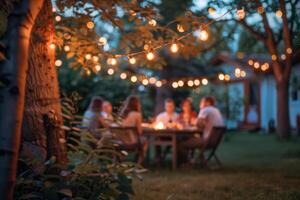 A group of people sitting around a table in the backyard photo