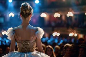 A woman in a ball gown is standing in front of a crowd photo