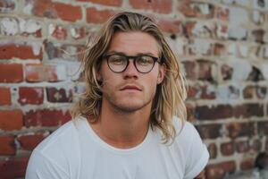 A man with long hair and glasses standing in front of a brick wall photo
