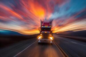 A blurry image of a truck driving down the road photo