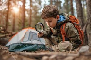 A boy looking through a magnifying glass in the woods photo