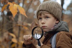 A young boy is looking through a magnifying glass photo